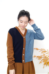 Patchwork contrast color wool cardigan