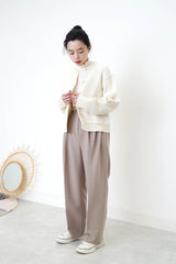 Ivory stand collar cotton top w/ ruffle fringe