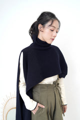 Dark navy funnel neck cape in 2 ways