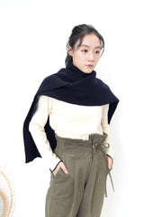 Dark navy funnel neck cape in 2 ways