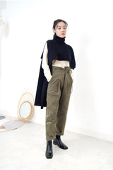 Dark navy funnel neck cape in 2 ways