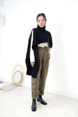 Dark navy funnel neck cape in 2 ways