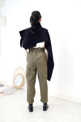 Dark navy funnel neck cape in 2 ways