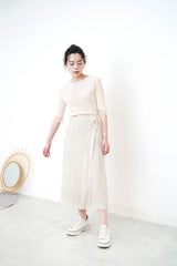 Beige stripe knit top in sheer cuf
