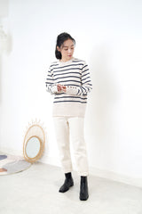 Stripe pattern sweater w/ buttons sleeves
