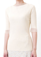Beige stripe knit top in sheer cuf