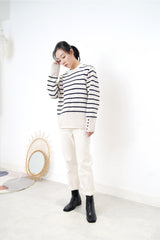 Stripe pattern sweater w/ buttons sleeves