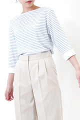 Blue stripes boat neck top in shirt cuff