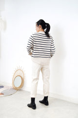 Stripe pattern sweater w/ buttons sleeves