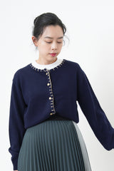 Navy cardigan w/ tweed outline triming