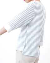 Blue stripes boat neck top in shirt cuff