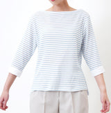 Blue stripes boat neck top in shirt cuff