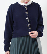 Navy cardigan w/ tweed outline triming