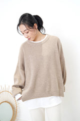 【套裝組合】燕麥色寬鬆毛衣+白色寬鬆內搭