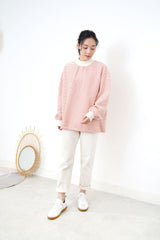 Red stripes pullover in funnel neck