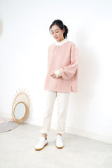 Red stripes pullover in funnel neck