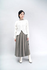 Beige grey pleats skirts in wrap style