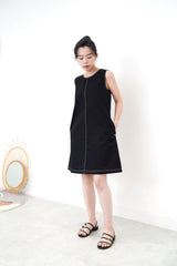 Black A cut midi dress outline stitching