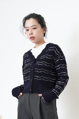 Navy soft cardigan w/ wavy outline stripes