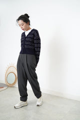 Navy soft cardigan w/ wavy outline stripes