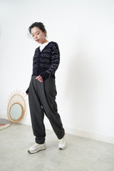 Navy soft cardigan w/ wavy outline stripes