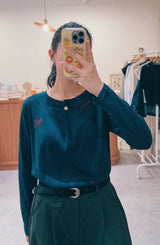 Navy red stitches button tee top
