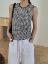Navy checked vest w/ waist pleats details