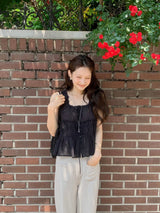Black square neck blouse w/ pleats details