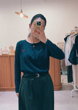 Navy red stitches button tee top