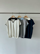 Navy summer knit top w/ contrast collar