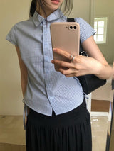 Blue checked shirt w/ string tie