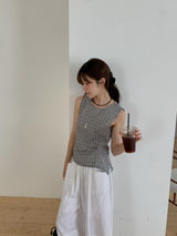 Navy checked vest w/ waist pleats details