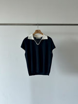 Grey summer knit top w/ contrast collar