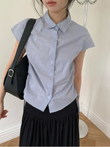 Blue checked shirt w/ string tie