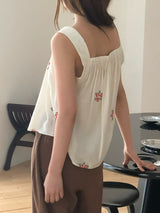 White square neck cami in cross embroidery