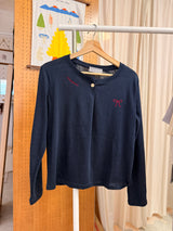 Navy red stitches button tee top