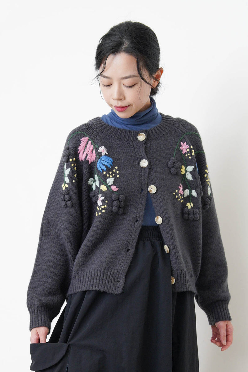 Charcoal wool cardigan w/ 3D detail embroidery