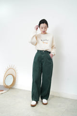 Green wide leg trousers w/ outline stitching