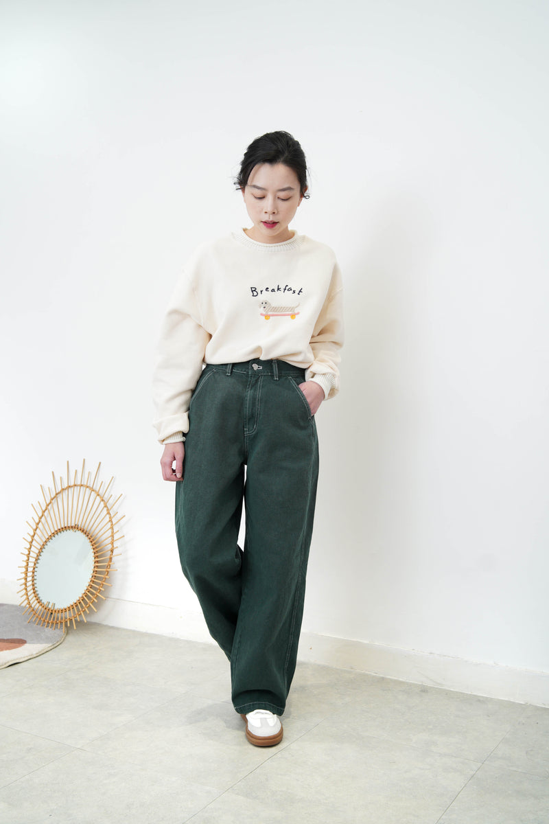 Green wide leg trousers w/ outline stitching