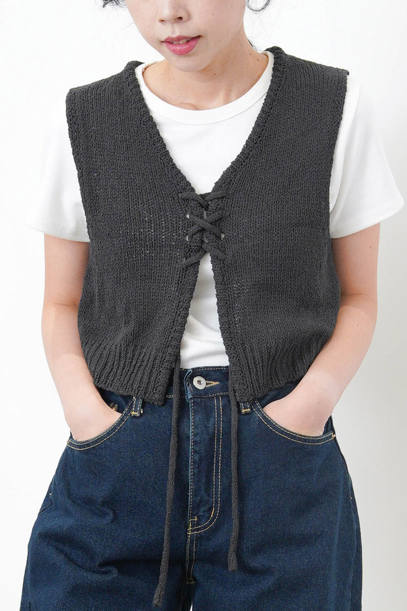 Charcoal grey knit crop vest w/ string