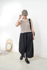 Navy denim wide leg trousers w/ elastic waistband