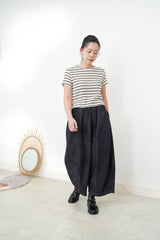 Navy denim wide leg trousers w/ elastic waistband