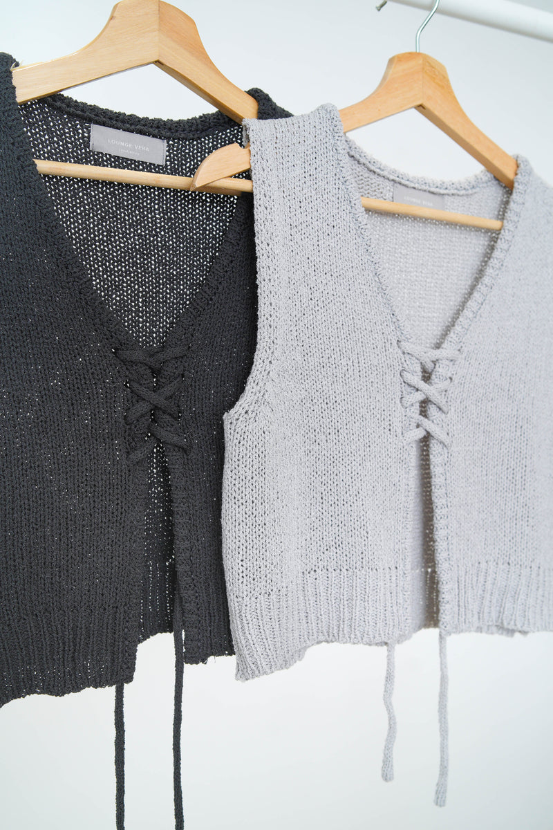 Light grey knit crop vest w/ string