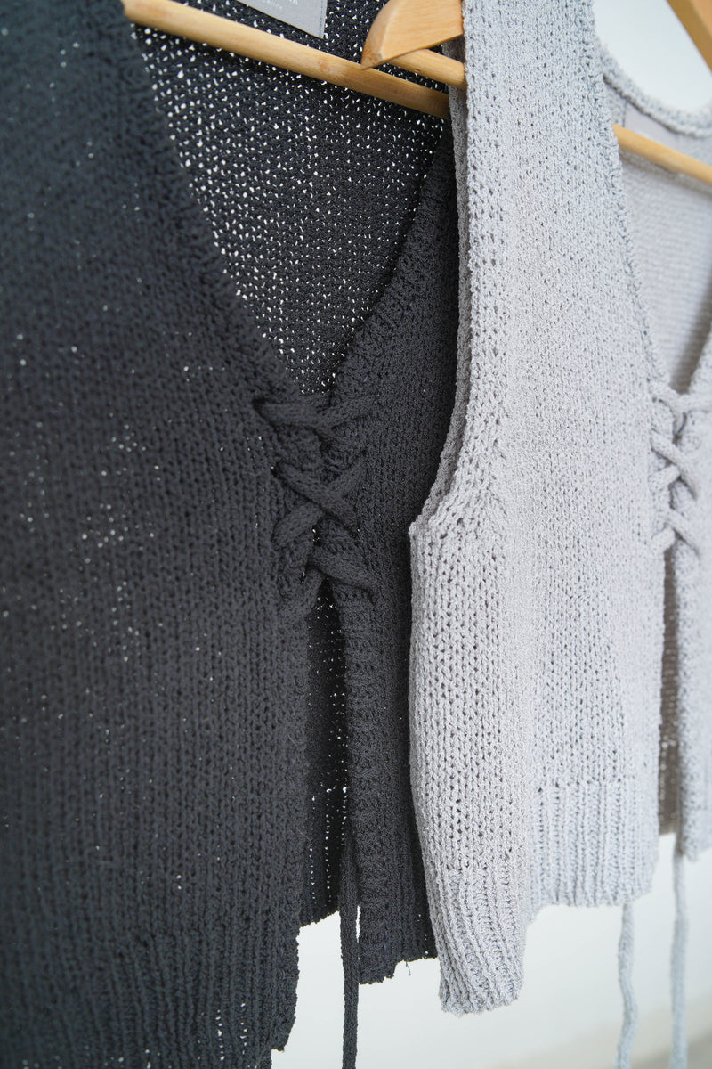 Light grey knit crop vest w/ string