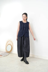 Navy denim wide leg trousers w/ elastic waistband