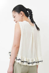 White flare cut vest blouse w/ embroidery