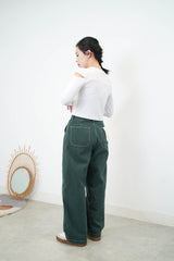 Green wide leg trousers w/ outline stitching