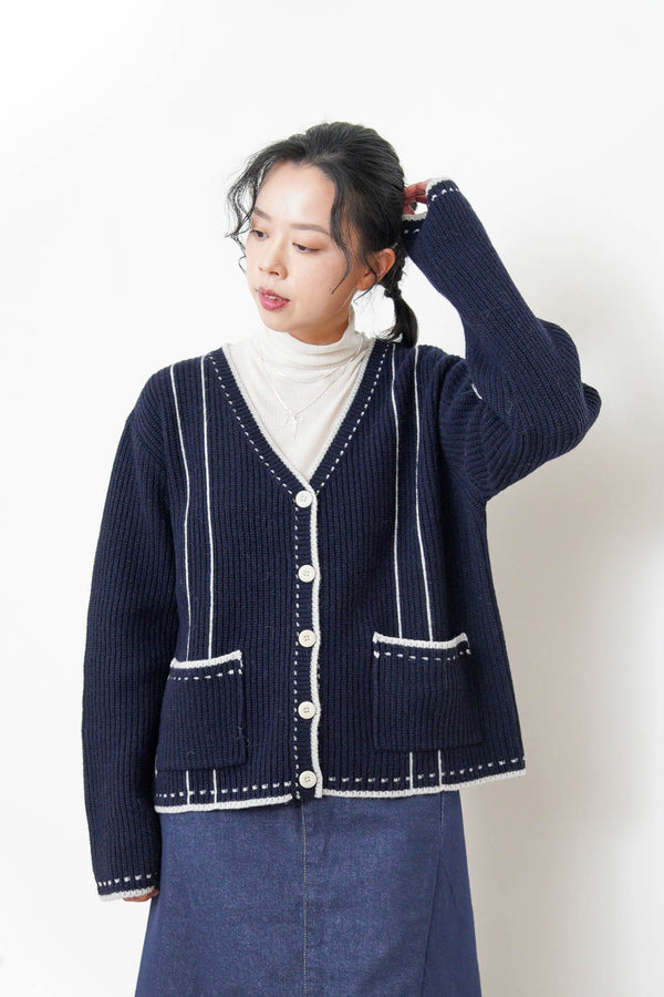 Navy detail outlined wool cardigan