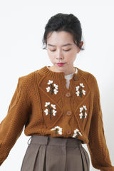 Brown Knit cardigan w/ floral embroidery