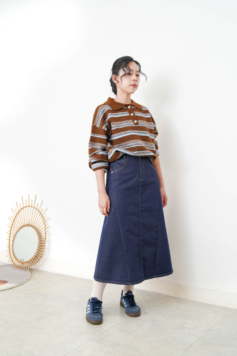 Brown contrast stripes pattern rugby knit top